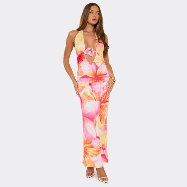 EGO Plunge Open Back Flower Trim Detail Maxi Dress In Multi Floral Print, Women's Size UK 6 - 2