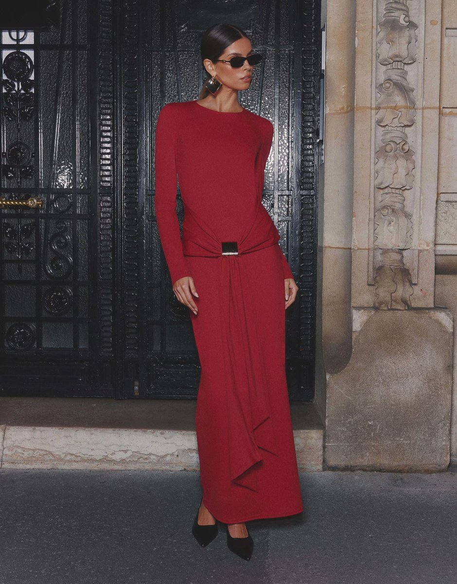 ASOS 4th & Reckless slinky gold hardware drape front maxi dress in red - 4