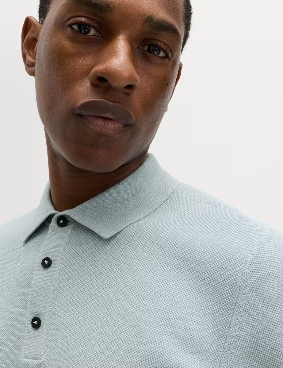 Marks & Spencer M&S Cotton Rich Textured Knitted Polo Shirt Soft Blue - 2