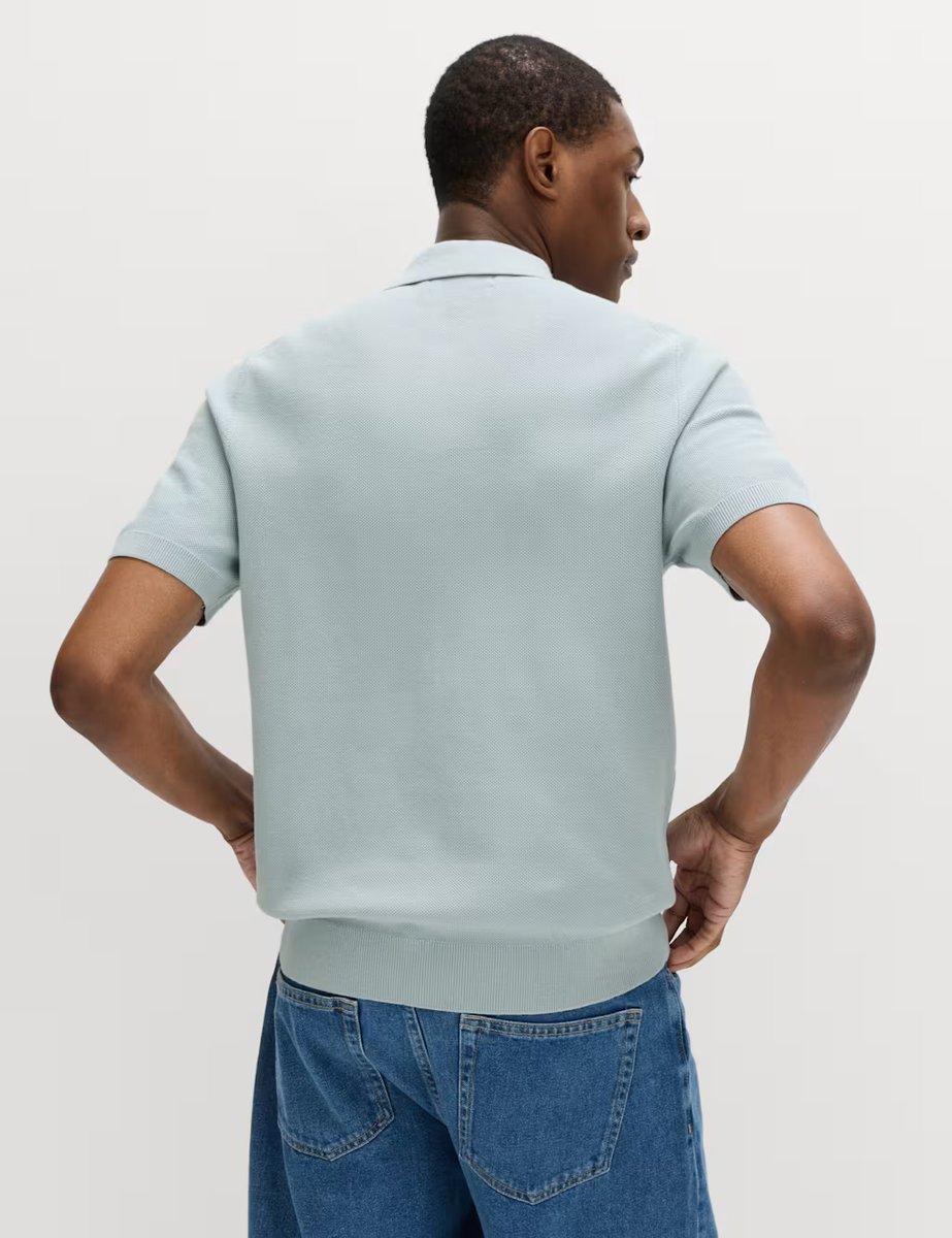 Marks & Spencer M&S Cotton Rich Textured Knitted Polo Shirt Soft Blue - 4