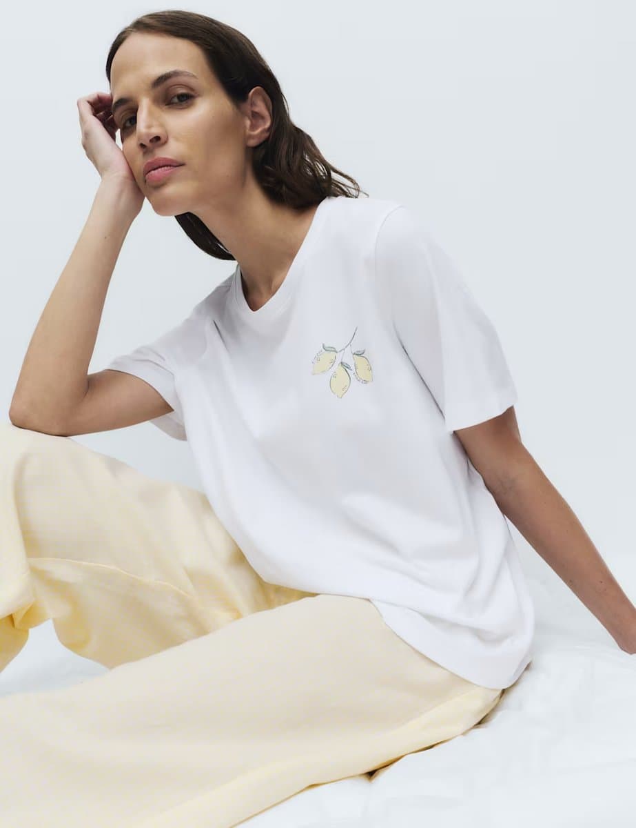 Marks & Spencer M&S Pure Cotton Pyjama Set With Woven Bottoms Yellow Mix