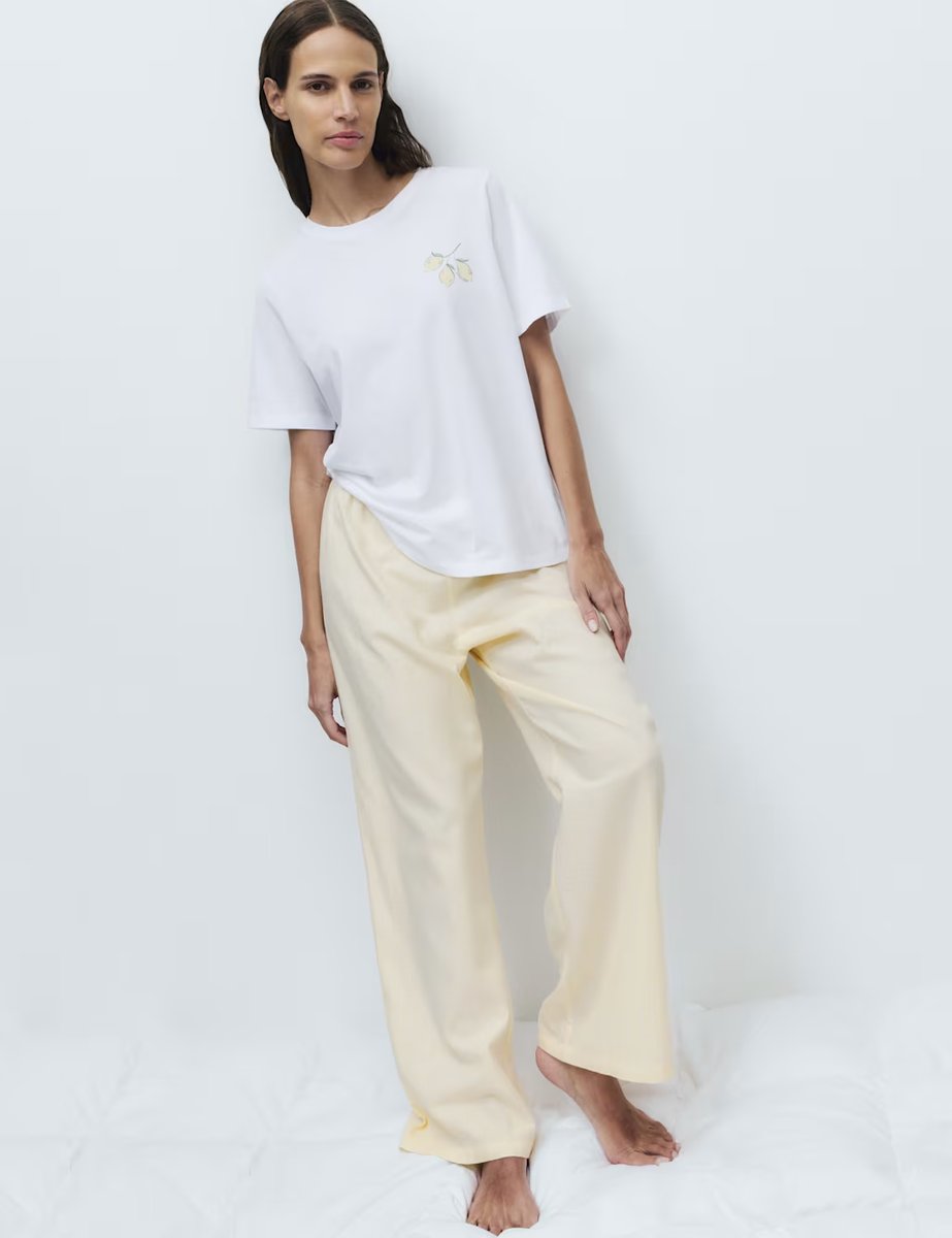 Marks & Spencer M&S Pure Cotton Pyjama Set With Woven Bottoms Yellow Mix - 3