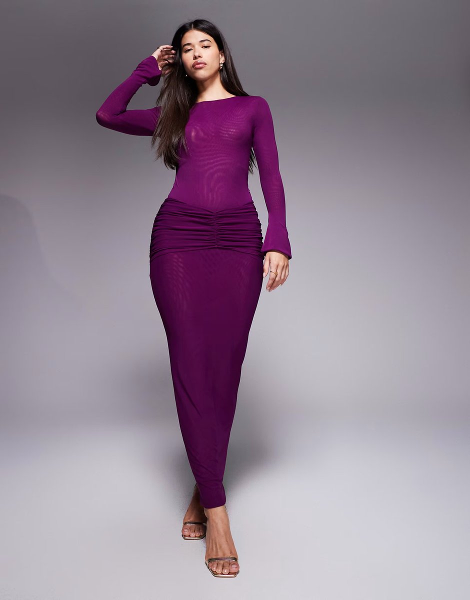 ASOS Ruched & Ready mesh slash neck flare sleeve bodysuit and mesh ruched drape detail bodycon maxi skirt co-ord in dark pink - 3