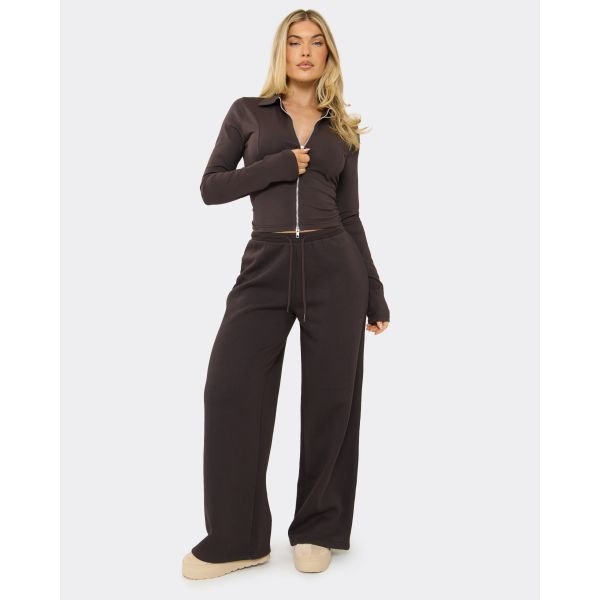 EGO Low Rise Drawstring Waist Wide Leg Joggers In Chocolate Brown, Women's Size UK 6 - 2