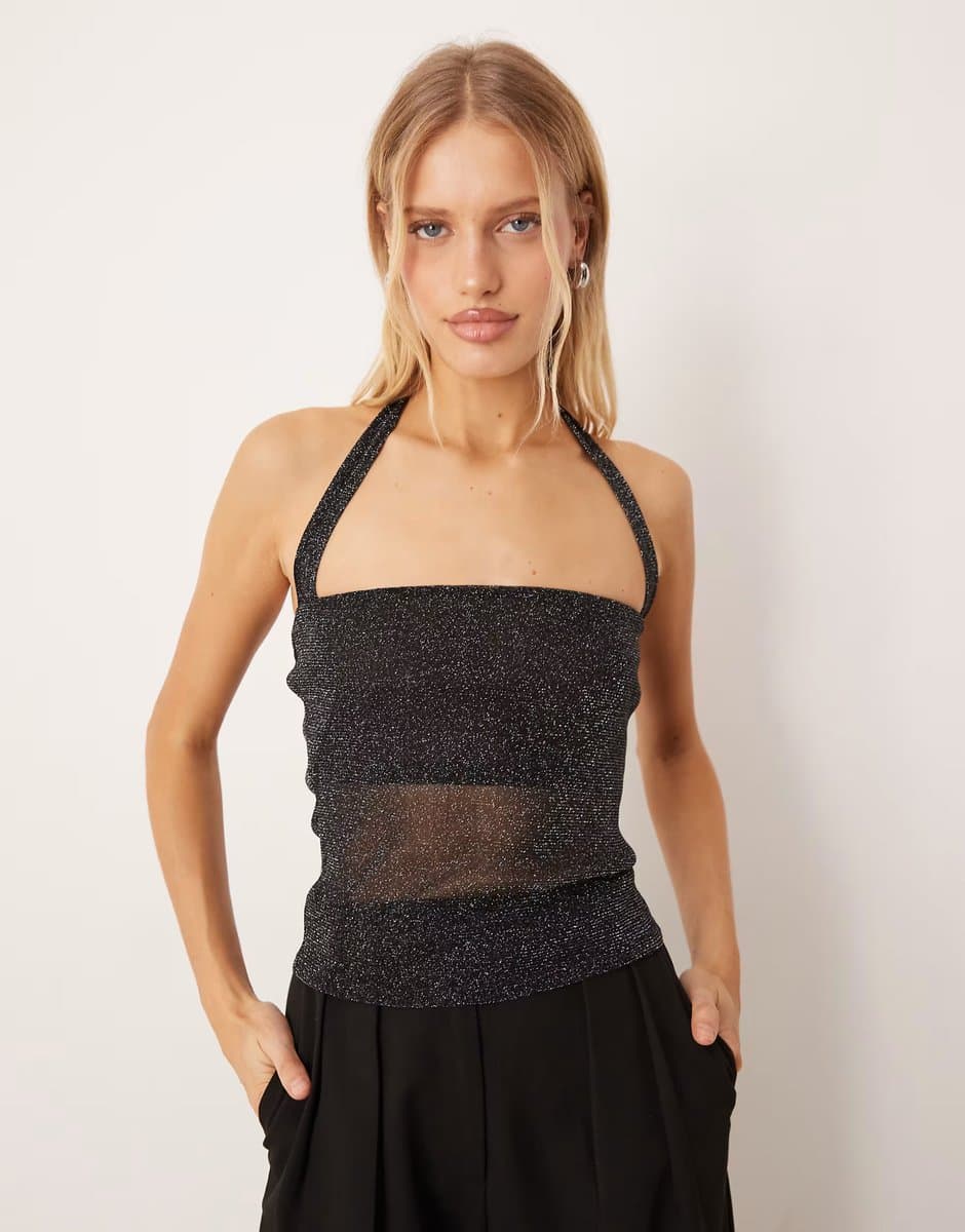 ASOS ASOS DESIGN glitter mesh halter top in black