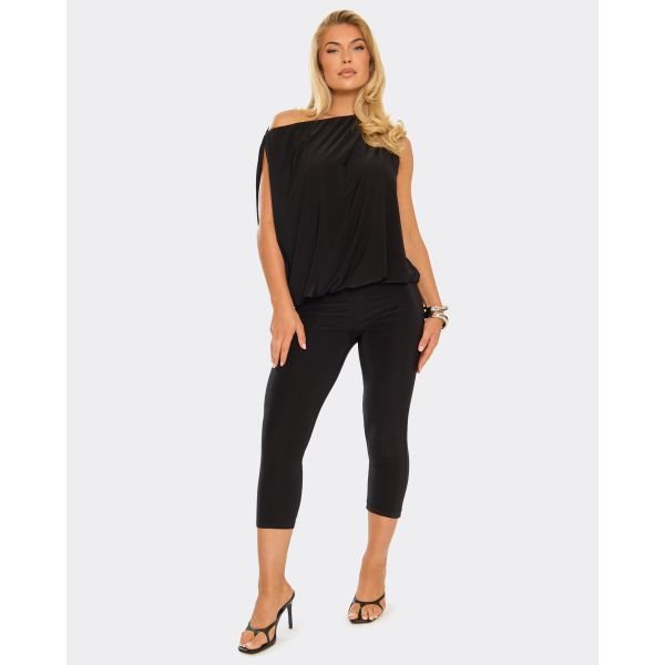 EGO Off The Shoulder Draped Detail Capri Jumpsuit In Black, Women's Size UK 6 - 2