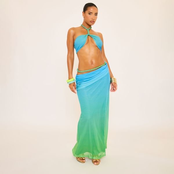 EGO Mid Rise Braided Detail Draped Side Split Leg Maxi Skirt In Green Multi Ombre Print, Women's Size UK 10 - 2