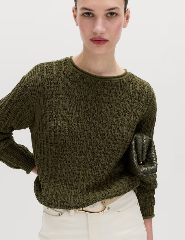 Marks & Spencer M&S Cotton Rich Textured Crew Neck Jumper Dark Khaki - 2