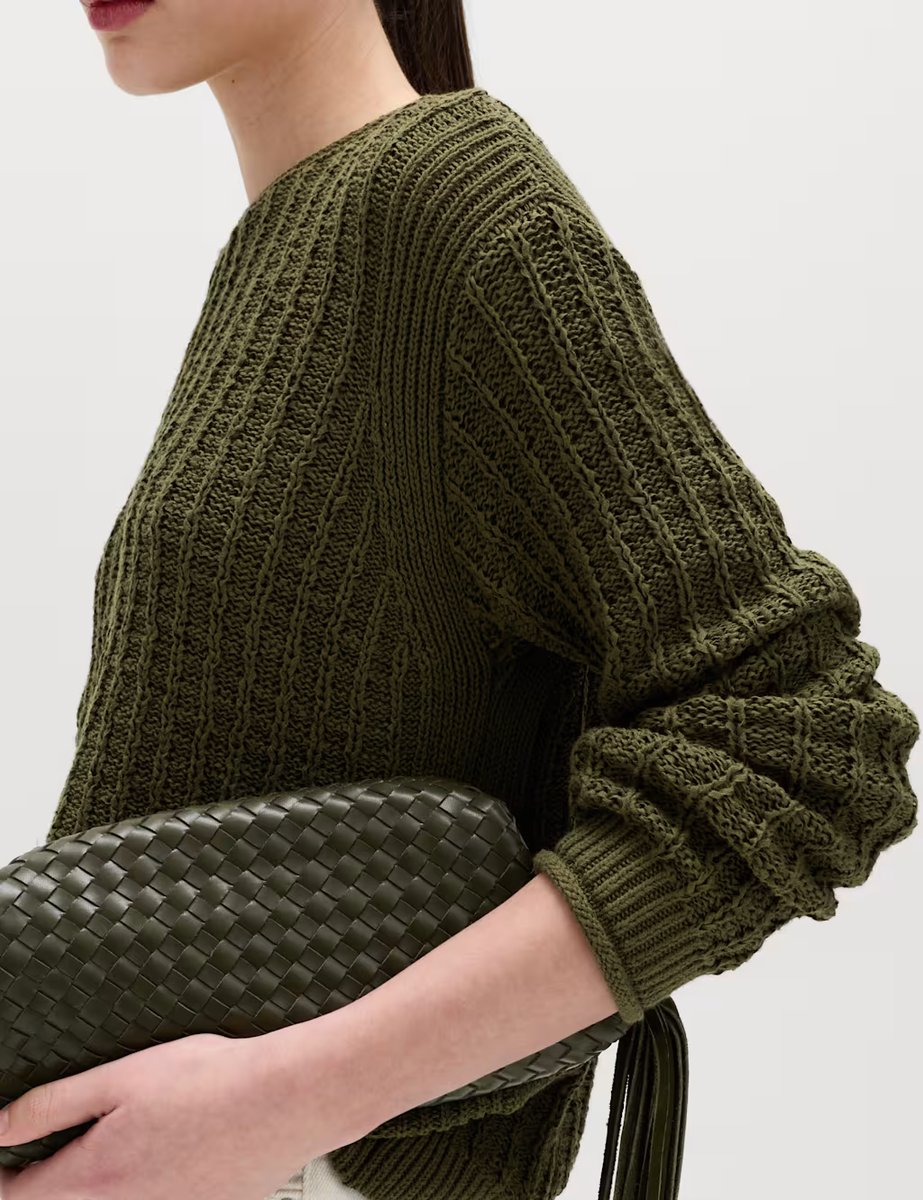 Marks & Spencer M&S Cotton Rich Textured Crew Neck Jumper Dark Khaki - 3