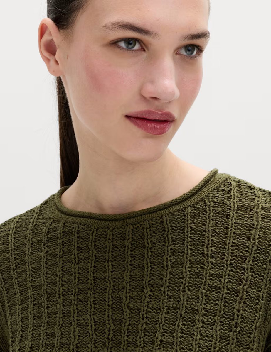 Marks & Spencer M&S Cotton Rich Textured Crew Neck Jumper Dark Khaki - 4