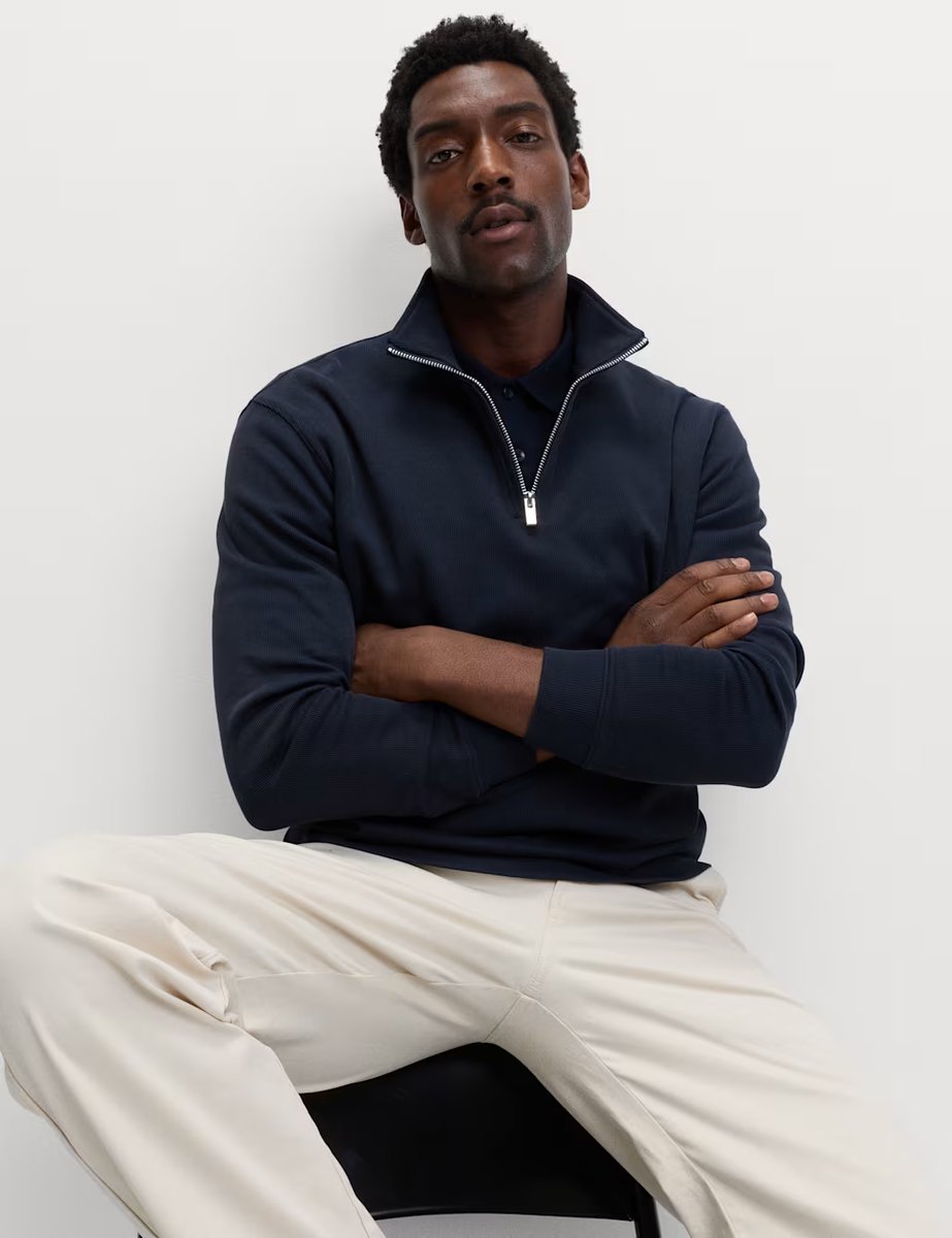 Marks & Spencer M&S Cotton Rich Double Knit Half Zip Sweatshirt Navy - 3