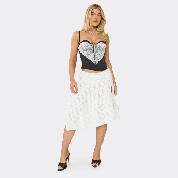 EGO Ruched Waist Asymmetric Hem Midi Skirt In White Lace, Women's Size UK 6 - 2