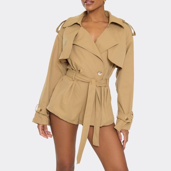 EGO Belted Waist Trench Playsuit In Stone, Women's Size UK 4 - 2