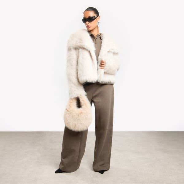 EGO Oversized Collar Cropped Detail Jacket In Mink Faux Fur, Women's Size UK 6