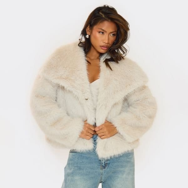 EGO Oversized Collar Cropped Detail Jacket In Mink Faux Fur, Women's Size UK 6 - 2
