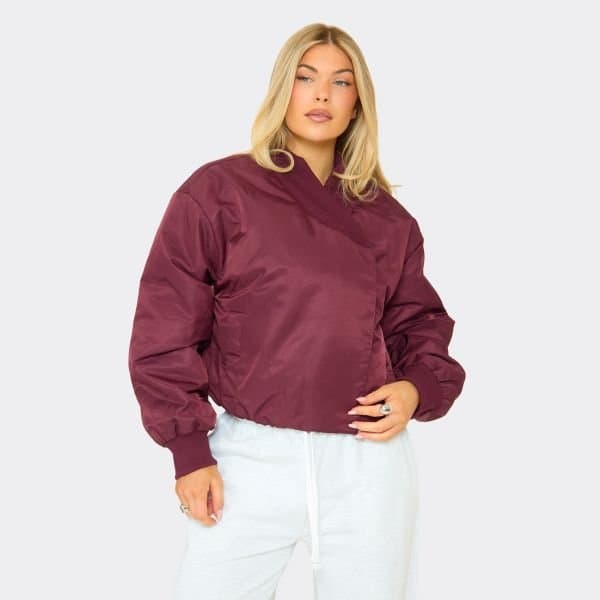 EGO Long Sleeve Wrap Front Padded Bomber Jacket In Burgundy Shell, Women's Size UK 6