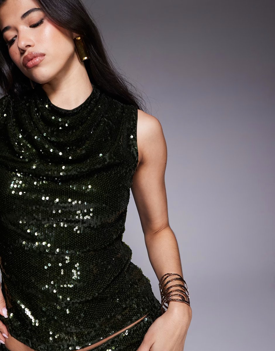 ASOS ASOS DESIGN sheer sequin cowl neck co-ord top in olive - 4