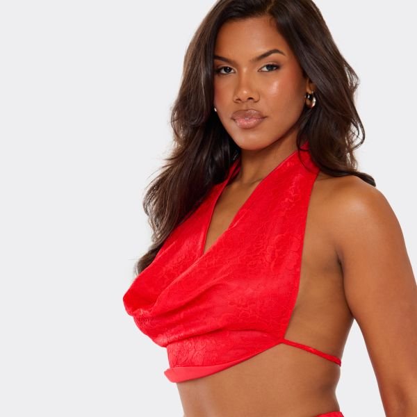 EGO Cowl Neck Tie Back Top In Red Lace, Women's Size UK 8 - 2