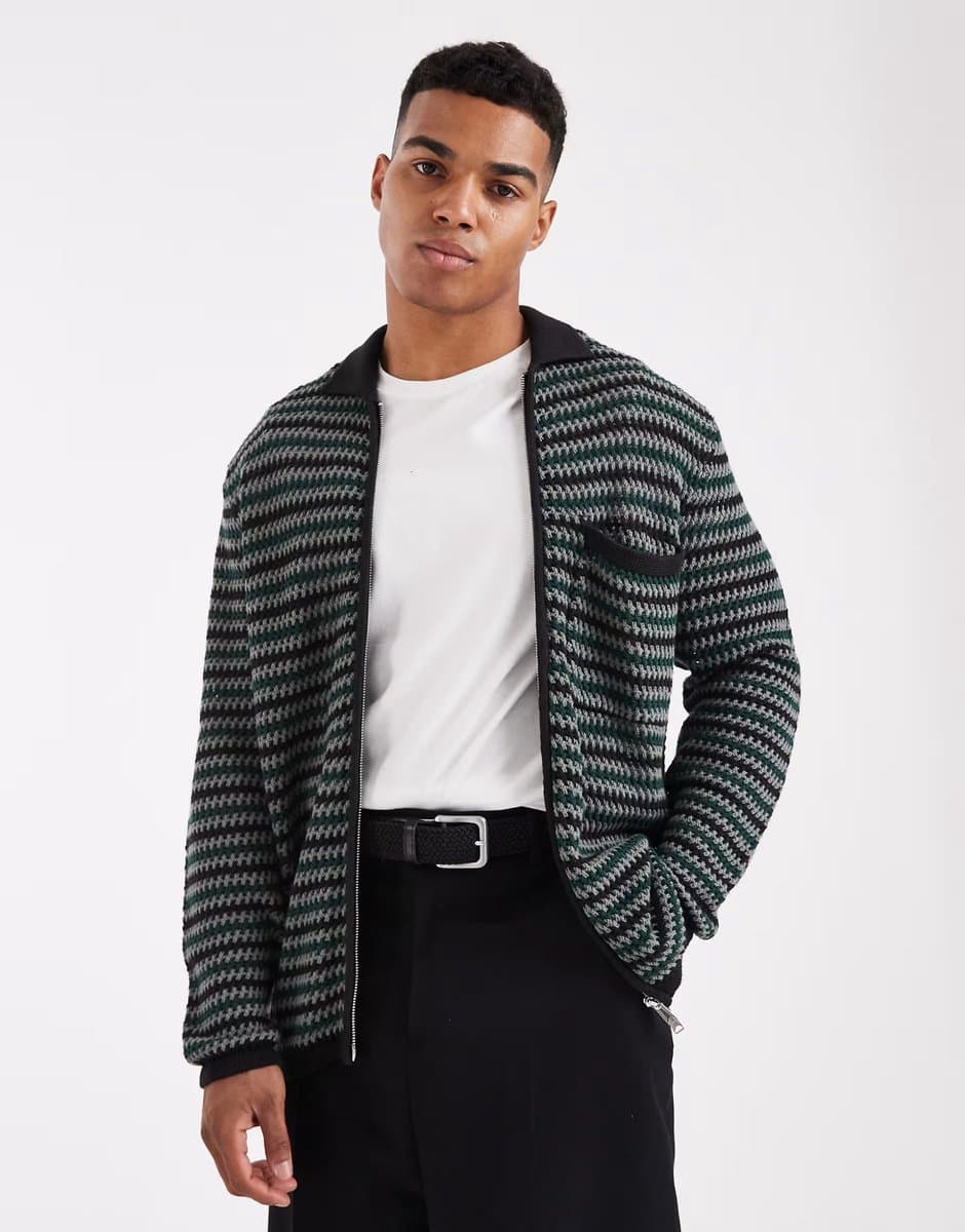 ASOS ONLY & SONS zip through crochet knit with pocket in black & green