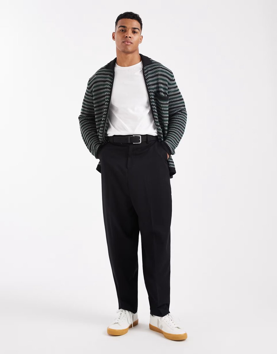 ASOS ONLY & SONS zip through crochet knit with pocket in black & green - 2