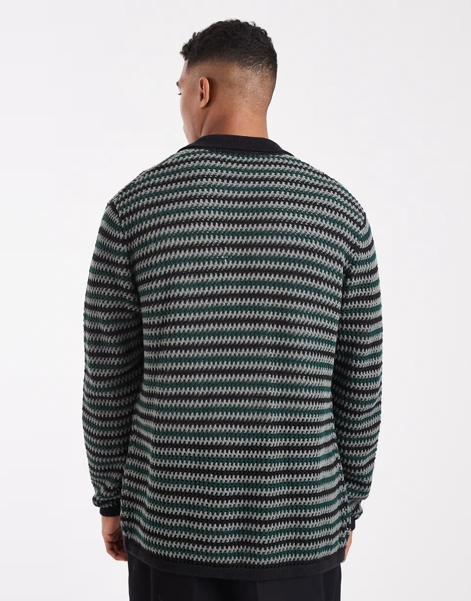 ASOS ONLY & SONS zip through crochet knit with pocket in black & green - 3