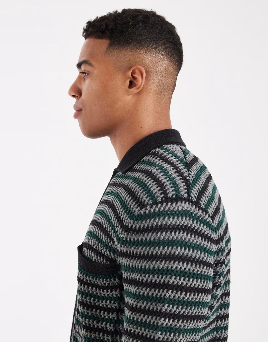 ASOS ONLY & SONS zip through crochet knit with pocket in black & green - 4