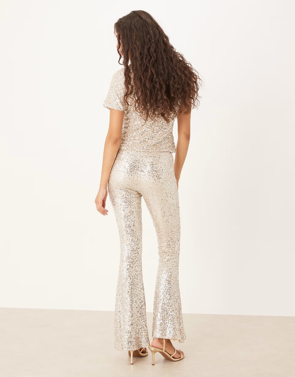 ASOS Never Fully Dressed sequin flared trouser co-ord in silver - 3