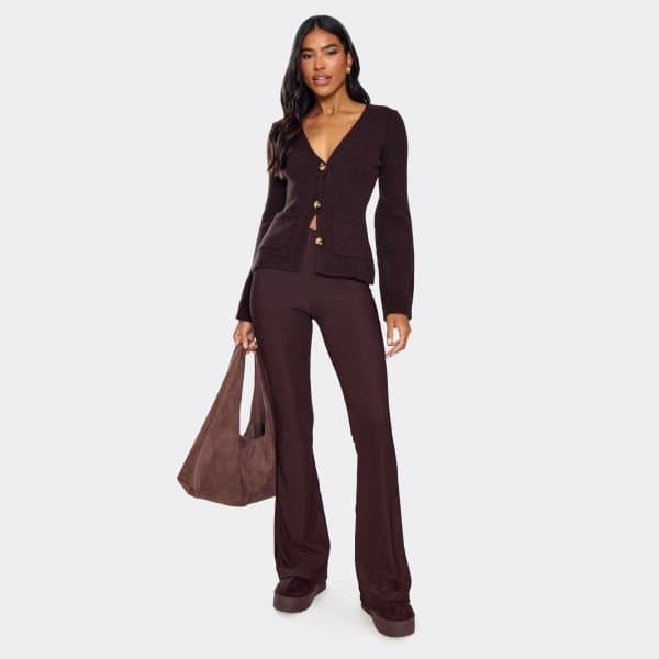 EGO EGO High Waisted Flared Trousers in Chocolate Brown