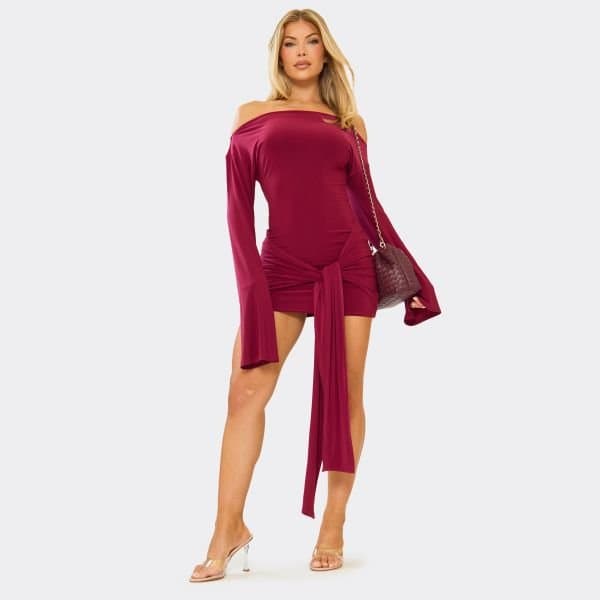 EGO Long Flared Sleeve Drape Detail Mini Dress In Burgundy, Women's Size UK 8