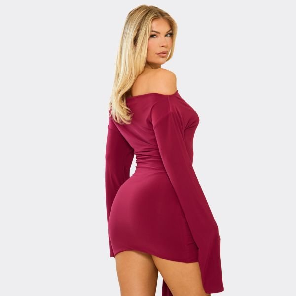 EGO Long Flared Sleeve Drape Detail Mini Dress In Burgundy, Women's Size UK 8 - 2
