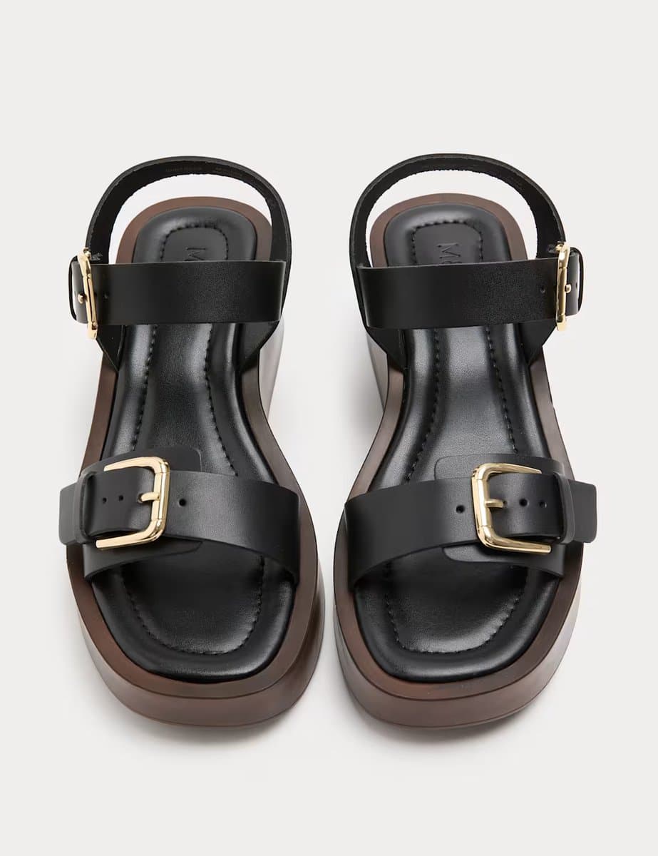 Marks & Spencer M&S Black Leather Buckle Wedge Sandals
