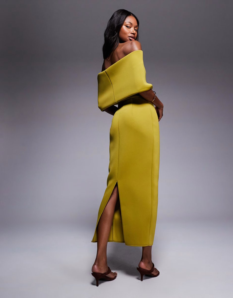 ASOS ASOS DESIGN  deep bardot midi dress with cape back detail in green in scuba-style fabric - 3