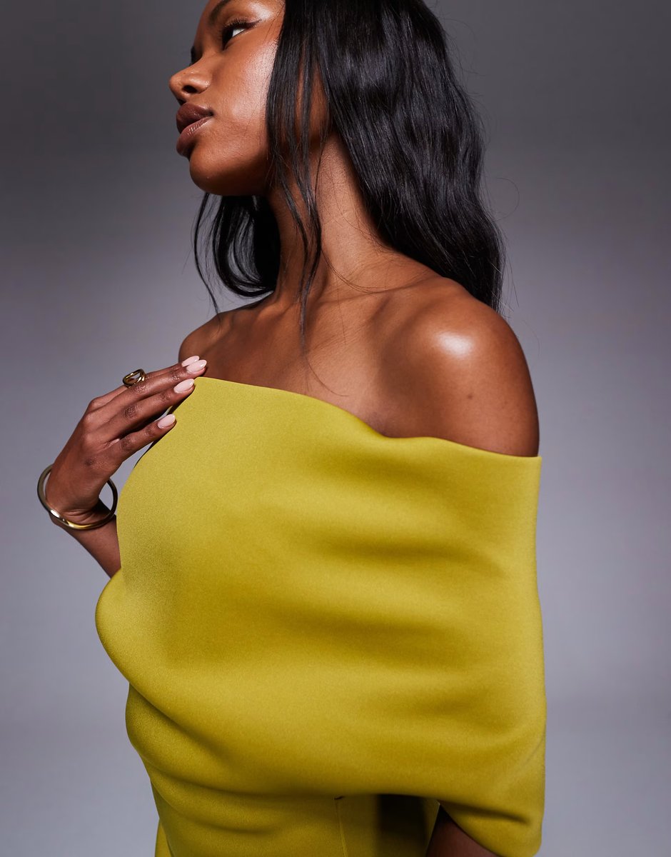 ASOS ASOS DESIGN  deep bardot midi dress with cape back detail in green in scuba-style fabric - 4