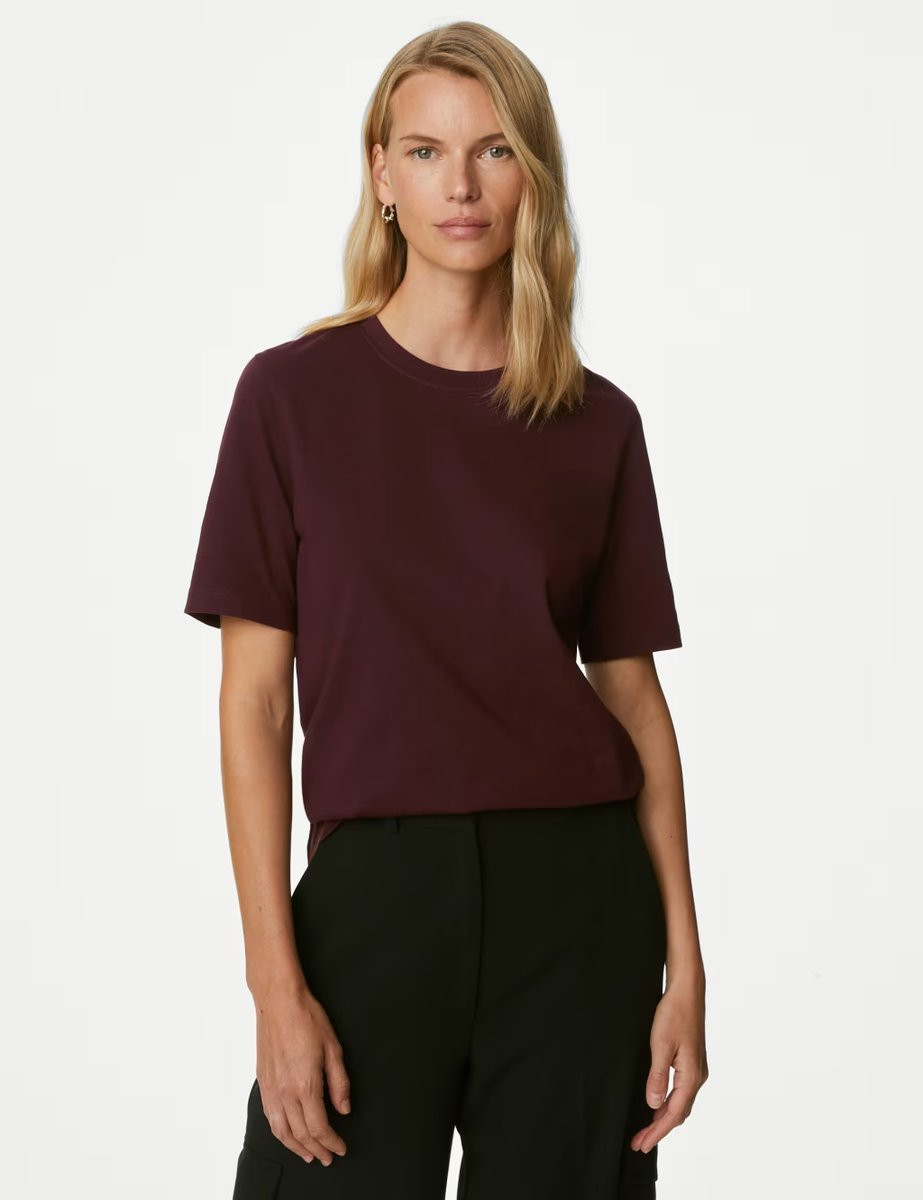 Marks & Spencer M&S Pure Cotton Everyday Fit T-Shirt Dark Burgundy - 3