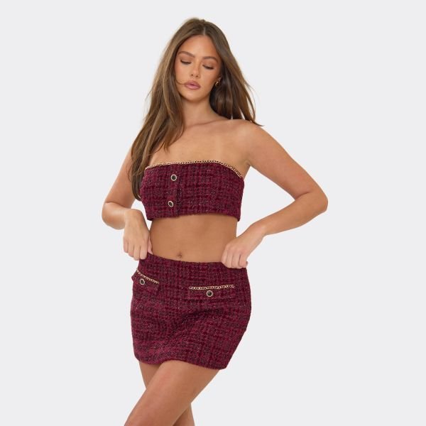 EGO Bandeau Chain Trim Button Front Crop Top In Burgundy Tweed, Women's Size UK 6 - 2