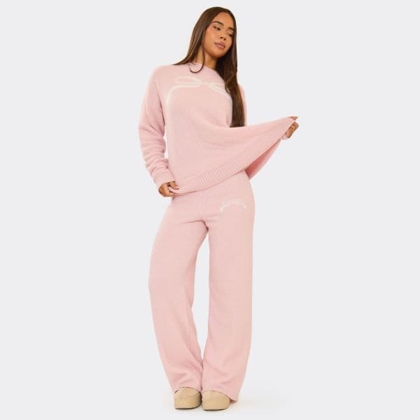 EGO Bow Graphic Detail Wide Leg Trousers In Pink Fluffy Knit, Women's Size UK Large L - 2