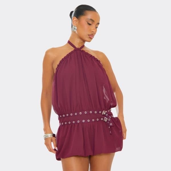 EGO Halterneck Low Back Eyelet Belt Mini Dress In Burgundy, Women's Size UK 6