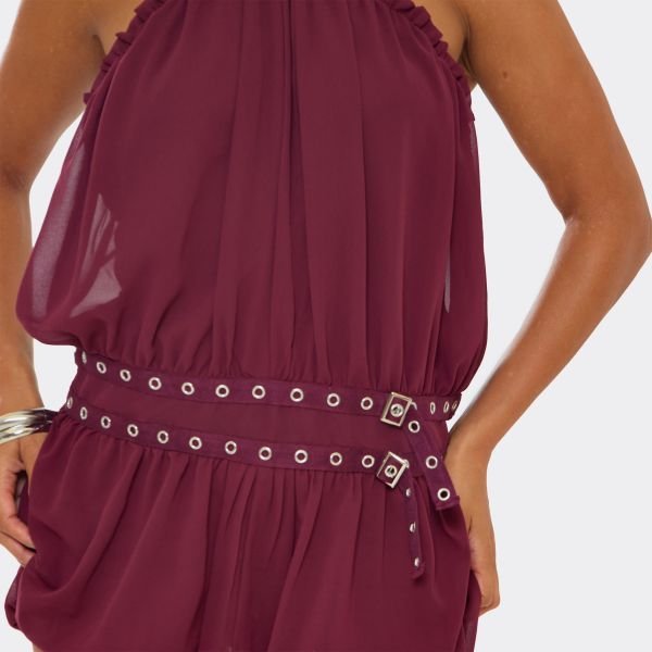 EGO Halterneck Low Back Eyelet Belt Mini Dress In Burgundy, Women's Size UK 6 - 2