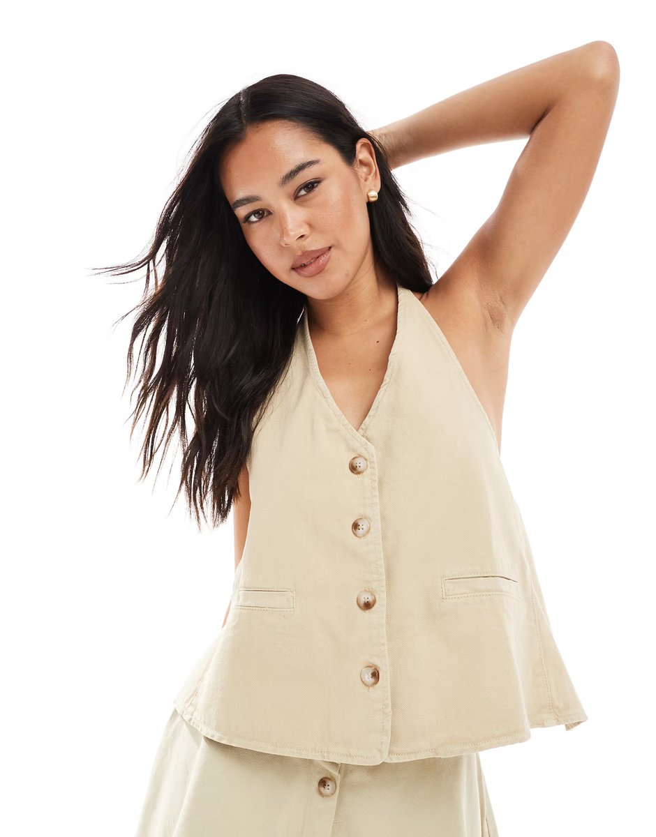 ASOS ASOS DESIGN denim frill mini skirt & top co-ord in sand - 2