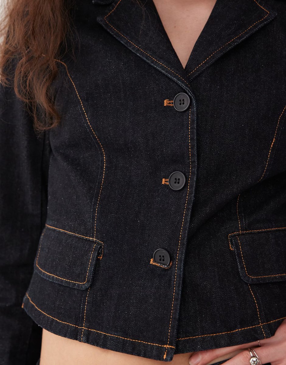 ASOS Lioness contrast stitch button front cropped jacket co-ord in dark wash denim - 3