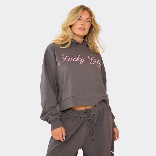 EGO Graphic Detail Boxy Hoodie In Washed Charcoal, Women's Size UK 6