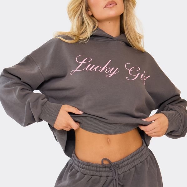 EGO Graphic Detail Boxy Hoodie In Washed Charcoal, Women's Size UK 6 - 2