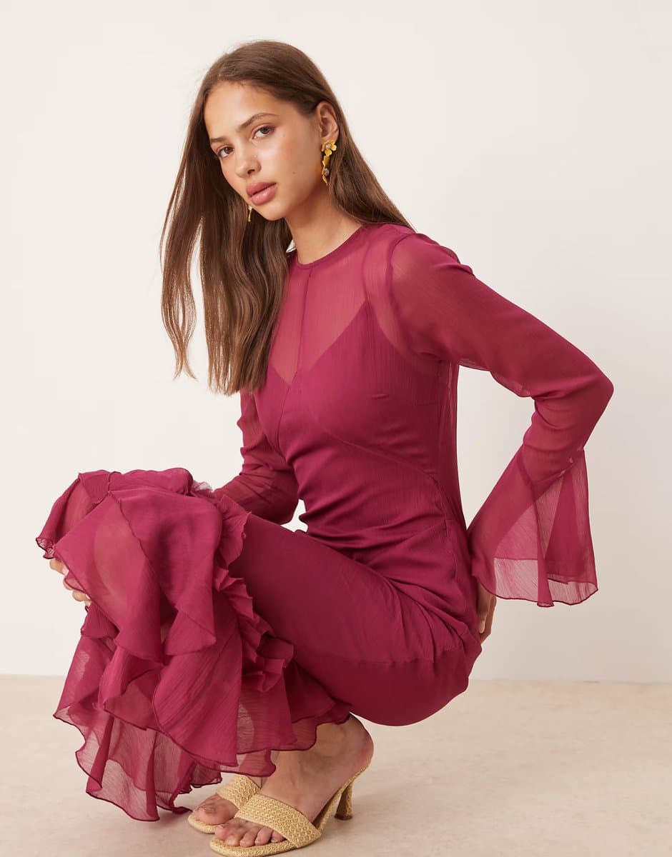 ASOS ASOS DESIGN flutter sleeve maxi dress with frill hem in cherry