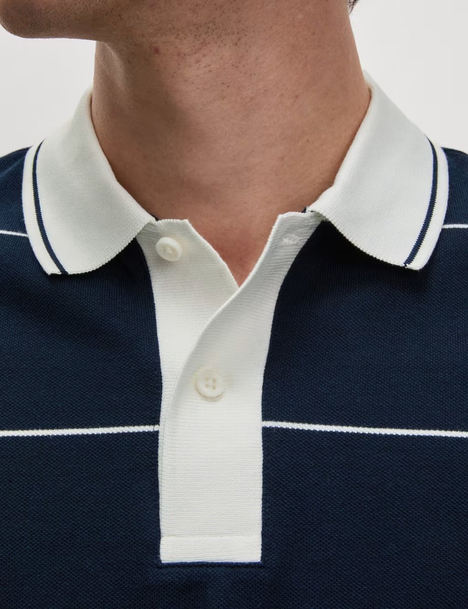 Marks & Spencer M&S Pure Cotton Pique Striped Polo Shirt Dark Navy - 2