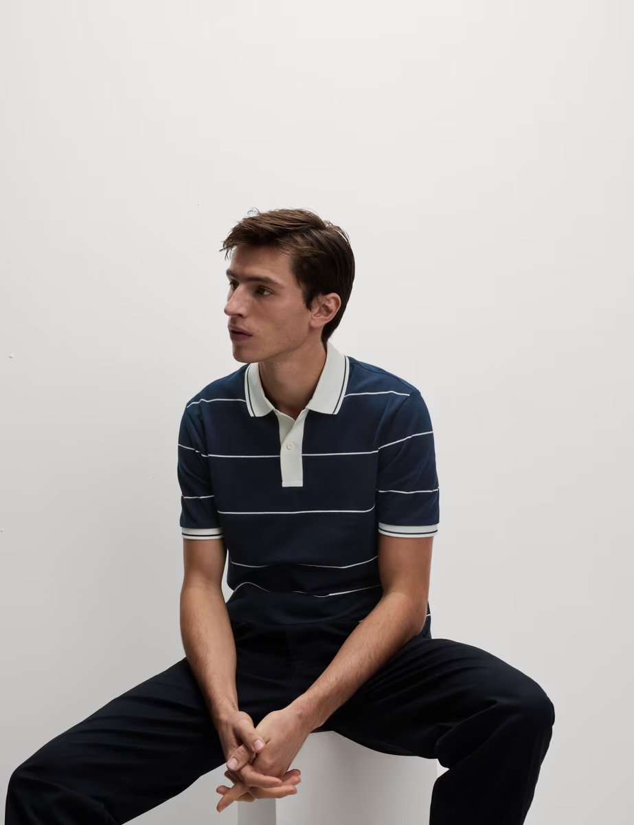 Marks & Spencer M&S Pure Cotton Pique Striped Polo Shirt Dark Navy - 3