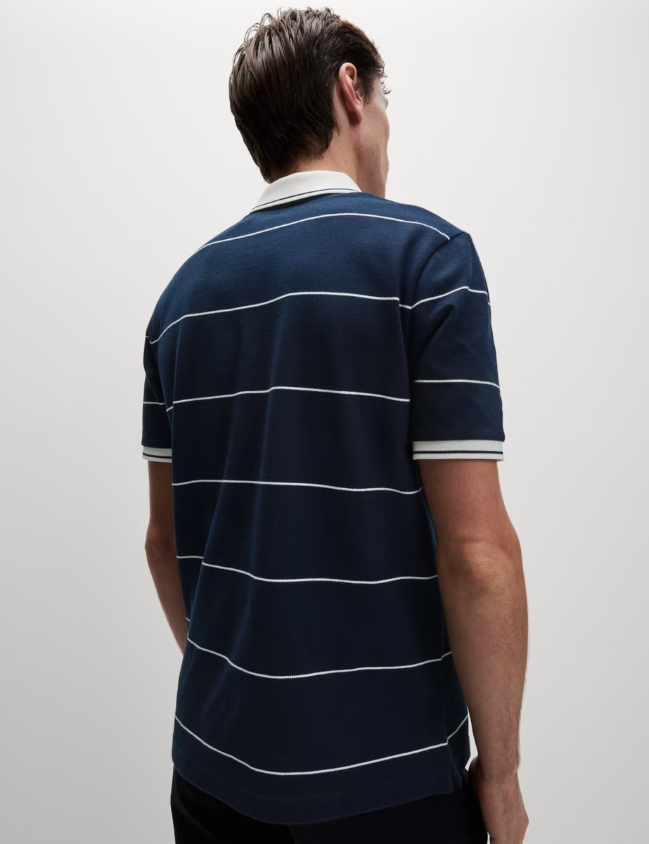 Marks & Spencer M&S Pure Cotton Pique Striped Polo Shirt Dark Navy - 4