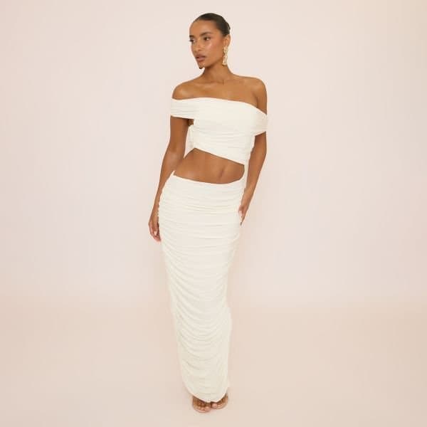 EGO Bardot Asymmetric Ruched Cut Out Maxi Dress In White, Women's Size UK 14