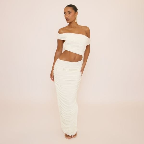 EGO Bardot Asymmetric Ruched Cut Out Maxi Dress In White, Women's Size UK 14 - 1