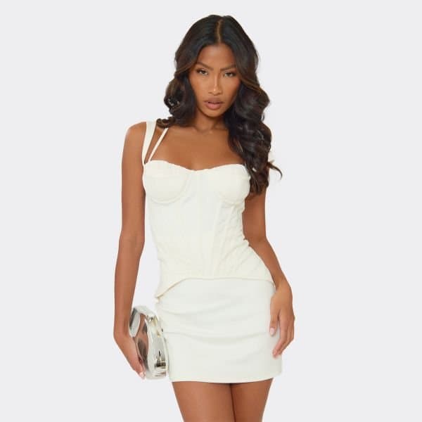 EGO Double Strap Underwired Curve Hem Corset Detail Mini Dress In Cream Satin, Women's Size UK 6