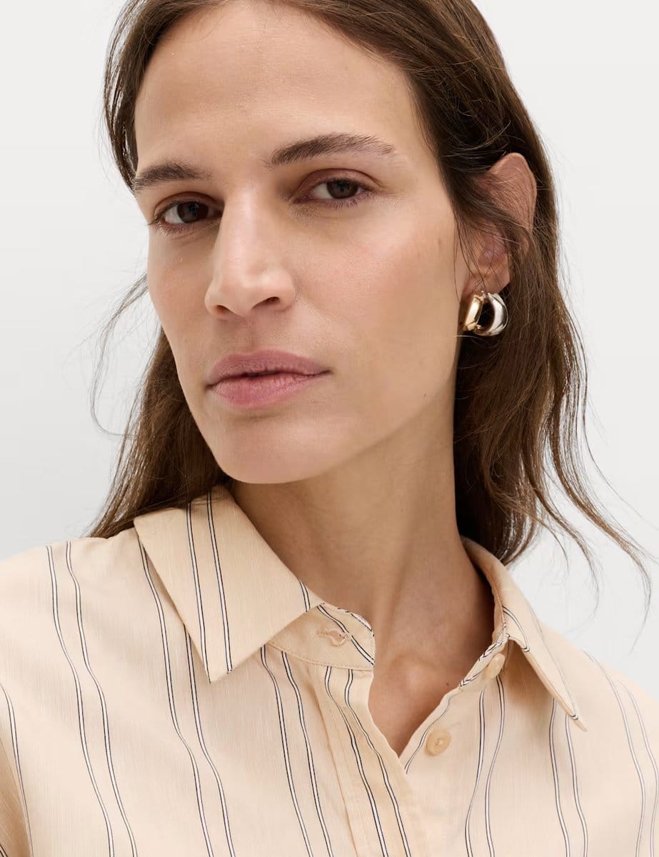 Marks & Spencer M&S Striped Collared Shirt with Linen Natural Mix - 4